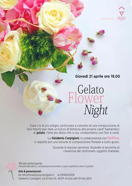 Locandina della Gelato Flower Night di giovedì 21 aprile alle 19.00: rose bianche e rosa, boccioli sparsi e un gelato su fondo chiaro