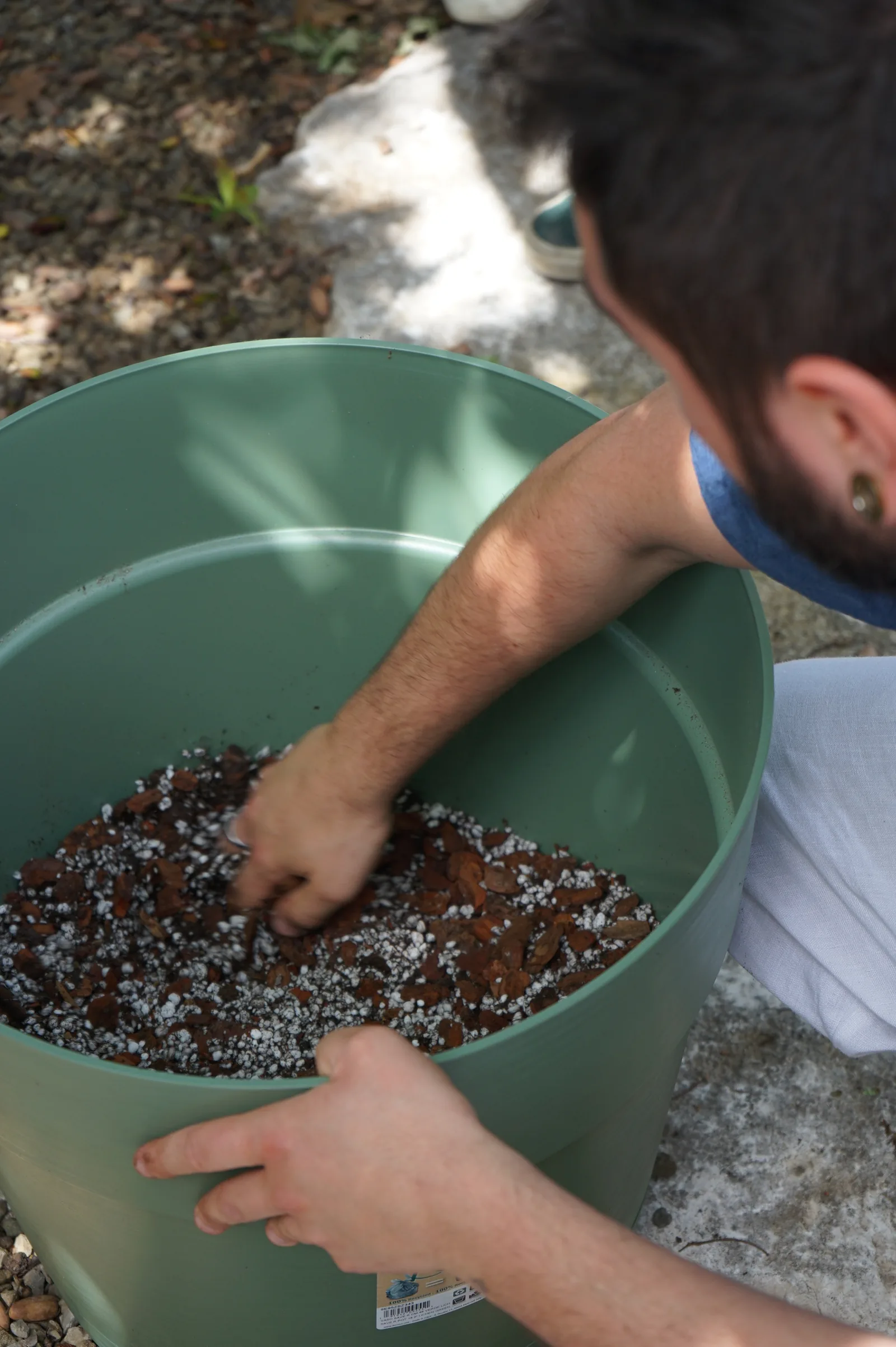 Un ragazzo mescola con le mani il substrato, chiaro di perlite, dentro un grande vaso verde