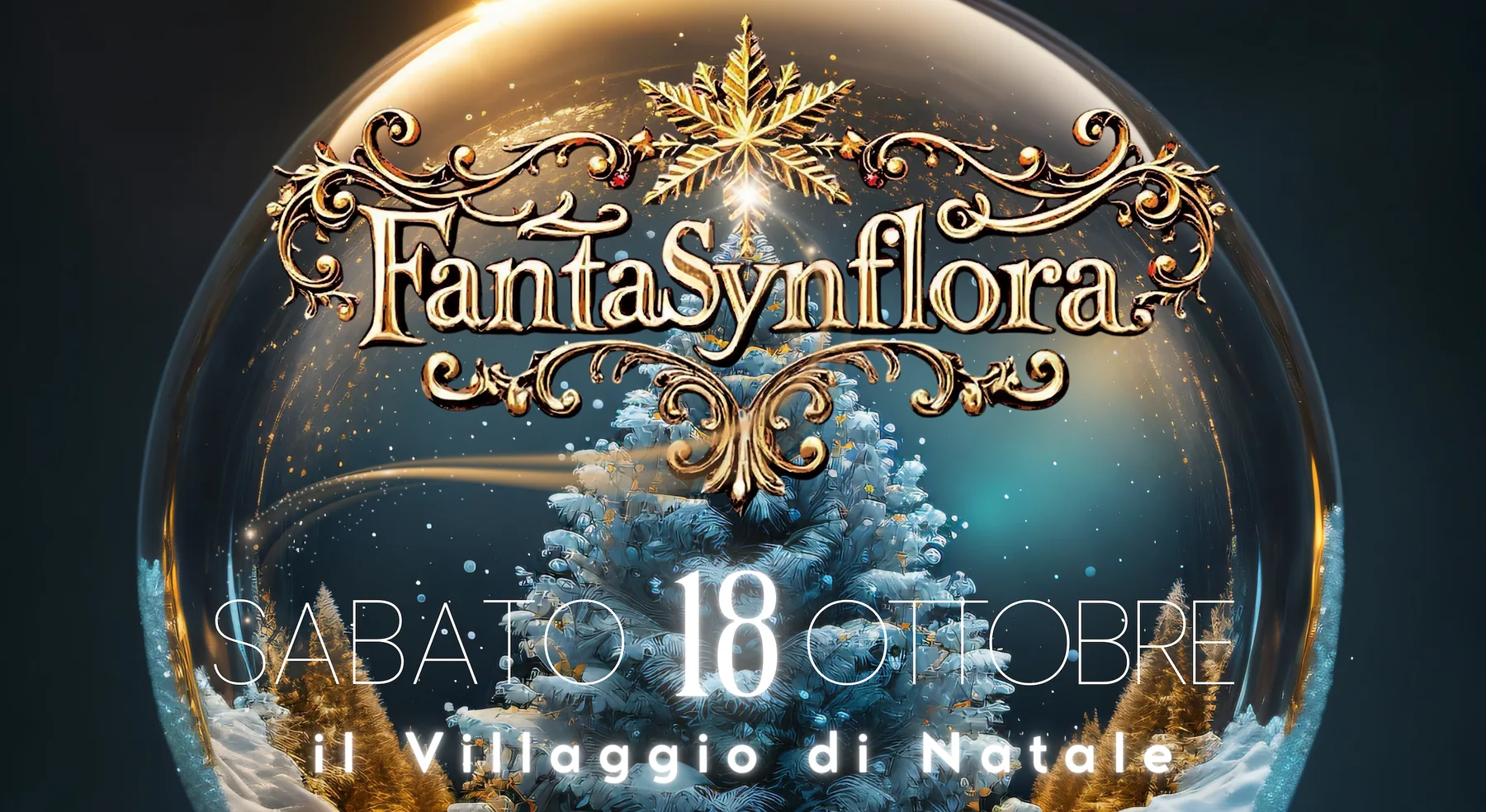 Locandina di FantaSynflora: il nome in lettere dorate dentro una sfera di vetro con un abete innevato, sabato 18 ottobre, il Villaggio di Natale
