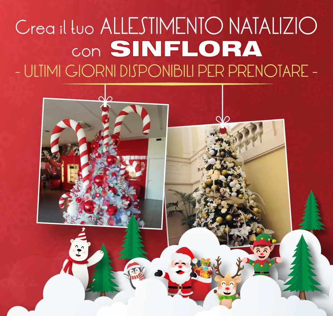 Locandina rossa: crea il tuo allestimento natalizio con Sinflora, ultimi giorni disponibili per prenotare, con due alberi di Natale addobbati
