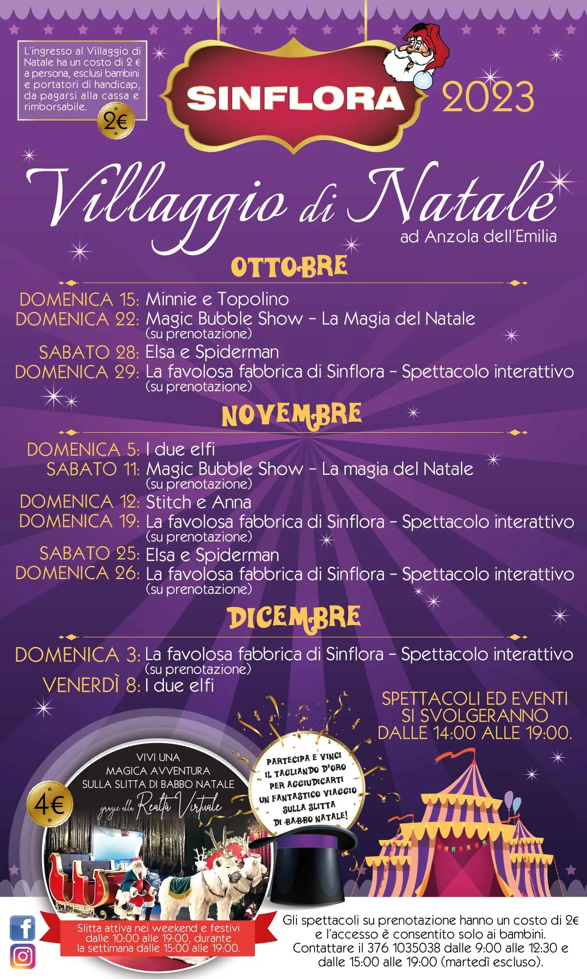 Programma del Villaggio di Natale Sinflora 2023 su fondo viola, con gli spettacoli di ottobre, novembre e dicembre, la slitta di Babbo Natale e le informazioni per prenotare