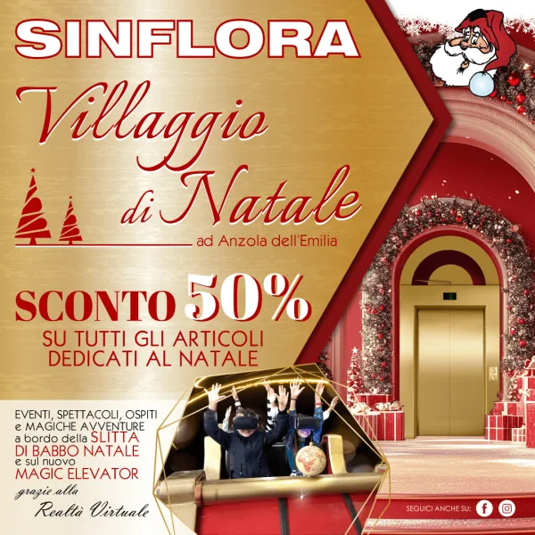 Locandina dorata del Villaggio di Natale Sinflora: sconto del 50% su tutti gli articoli dedicati al Natale