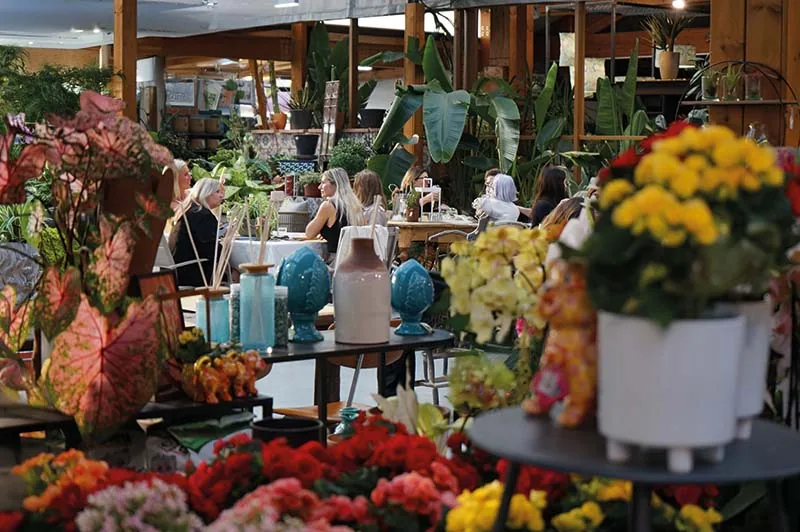 Fiori in vaso rossi, rosa e gialli in primo piano, vasi azzurri e bianchi sui tavolini e gli ospiti seduti sullo sfondo