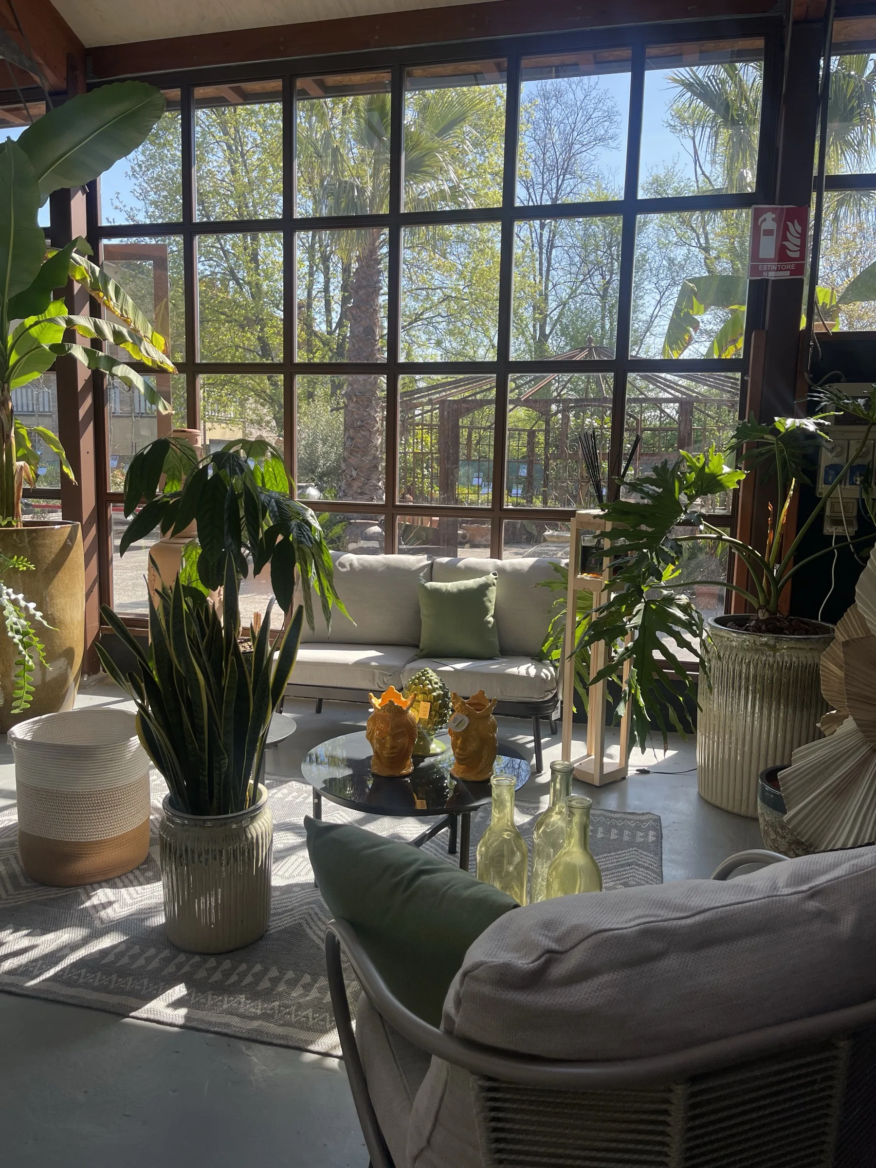 Veranda con divano chiaro e poltrone in corda, tappeto a rombi, sansevieria e philodendron in vaso, teste di moro gialle sul tavolino