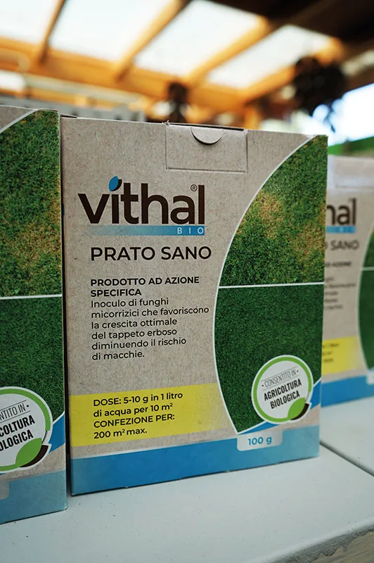Una scatola verde e bianca di prodotto biologico per il prato, sullo scaffale del negozio