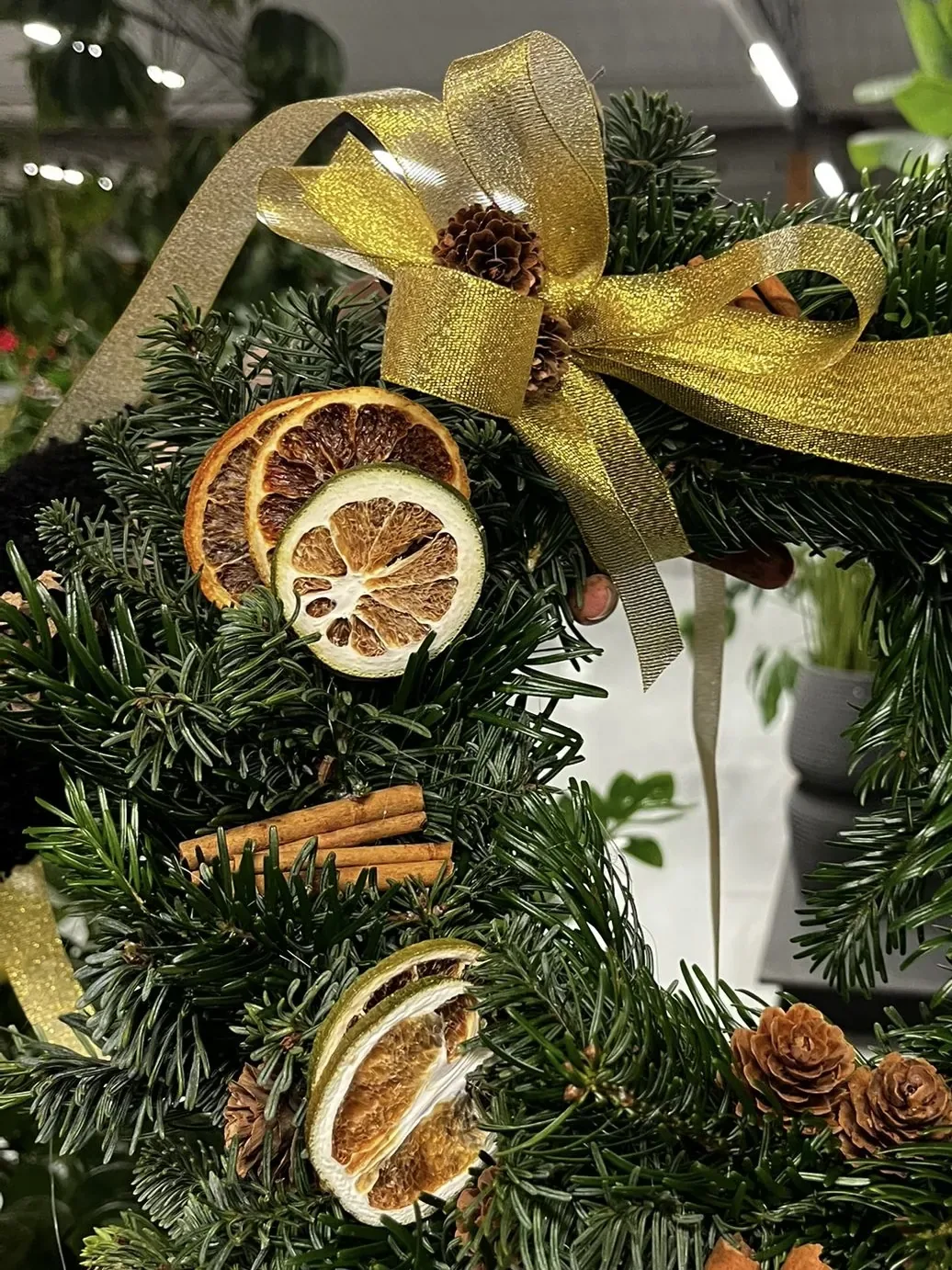 Ghirlanda di rami di abete con un fiocco dorato, pigne, fette d'arancia e di limone essiccate e stecche di cannella