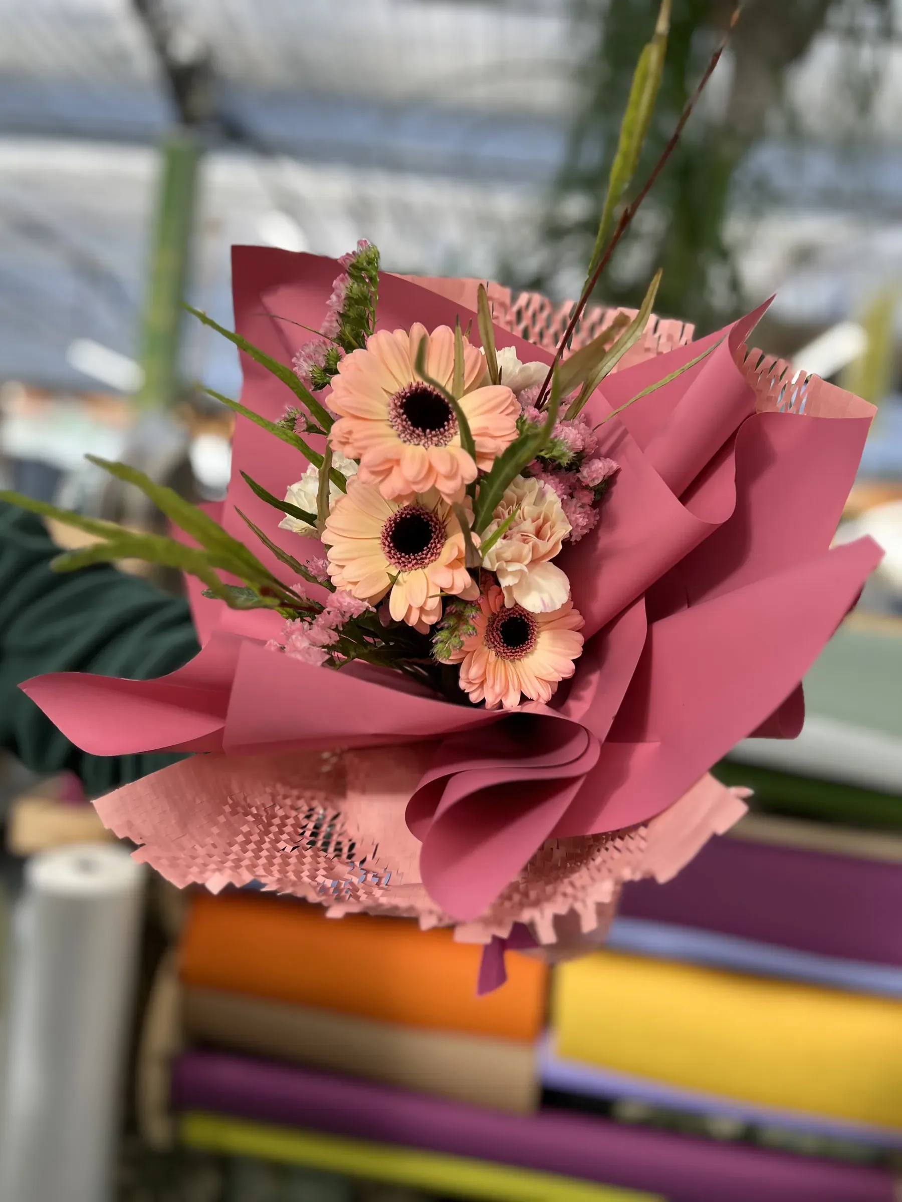 Mazzo di gerbere color pesca avvolto nella carta rosa, sollevato sopra il banco