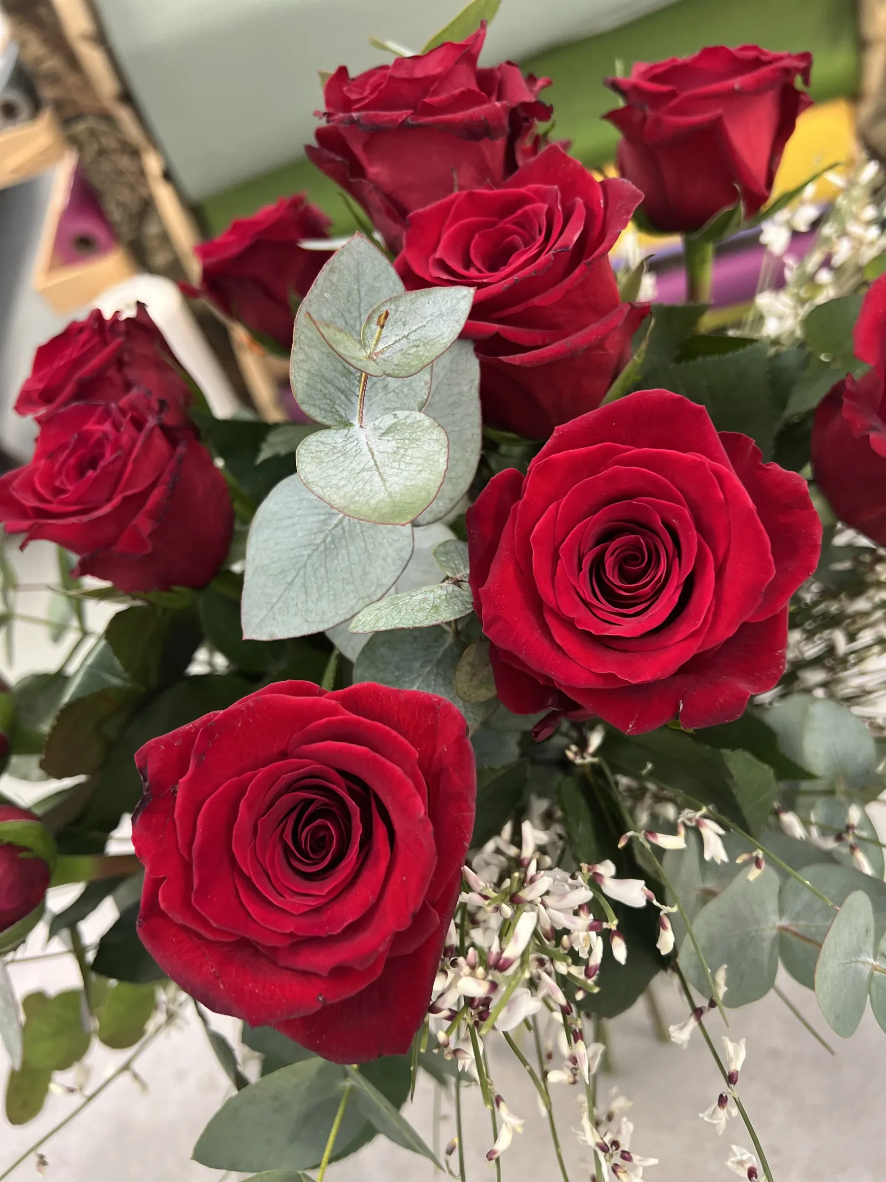Rose rosse ed eucalipto con rametti di fiorellini bianchi, da vicino