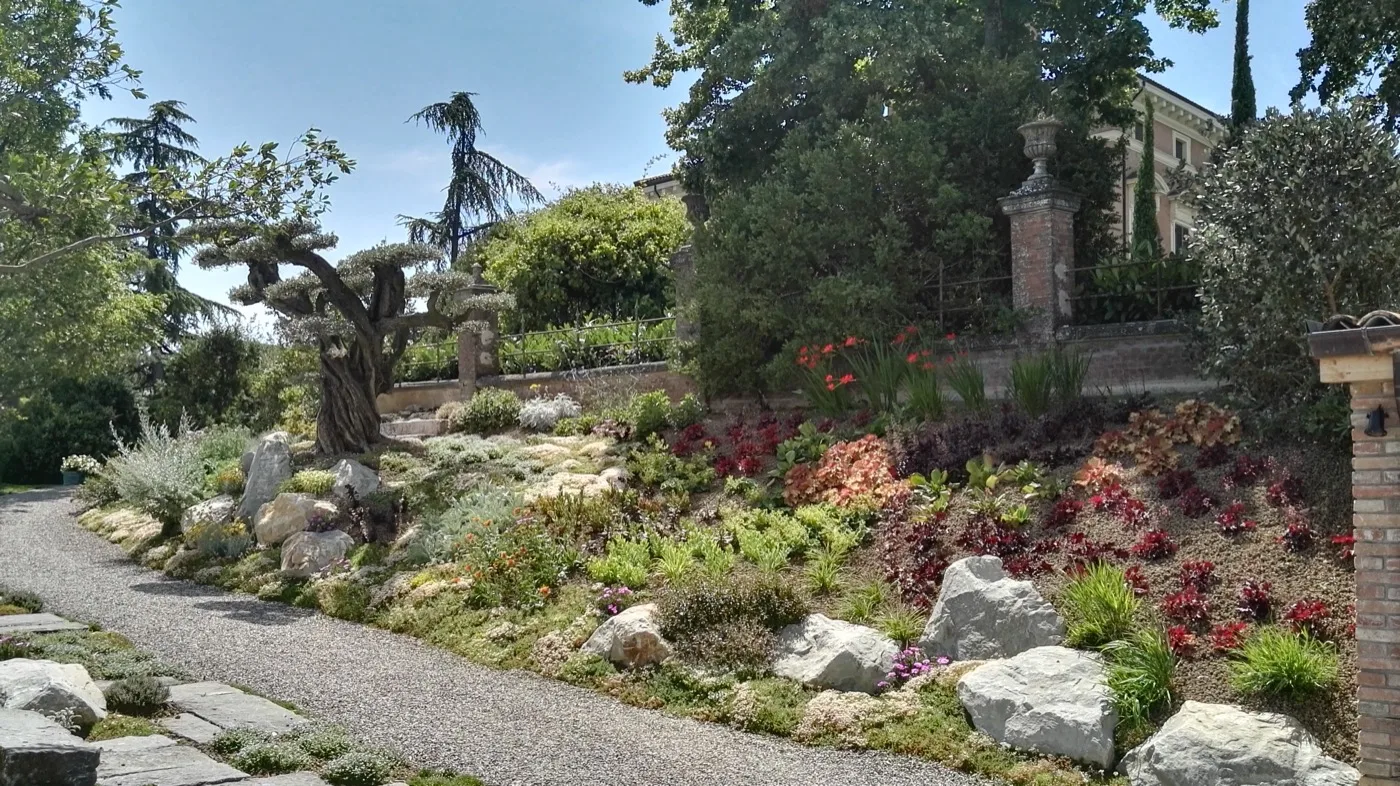 Pendio con bordure di sedum, erica e arbusti dal fogliame rosso, massi affioranti e vialetto in ghiaia che sale verso la casa