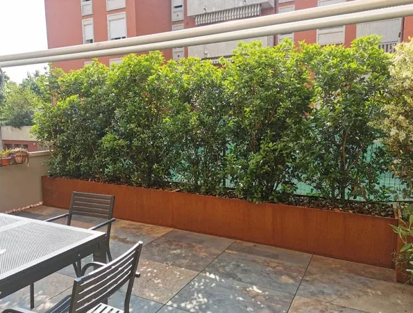 Dopo: fioriera in corten con una siepe sempreverde lungo il parapetto, tavolo e sedie sul pavimento nuovo