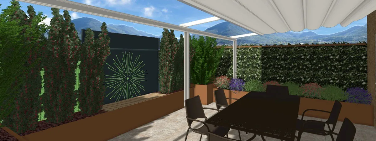 Vista 3D del progetto: fioriere in corten con arbusti, pannello decorativo scuro, tenda da sole e tavolo