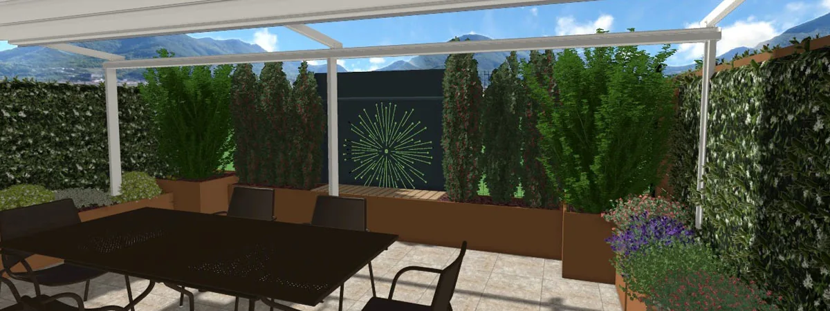 Seconda vista 3D del progetto, con la tenda da sole, le fioriere in corten e il tavolo con le sedie
