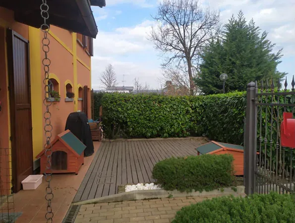 Prima: pedana in legno consumata con due cucce e una siepe, davanti alla casa