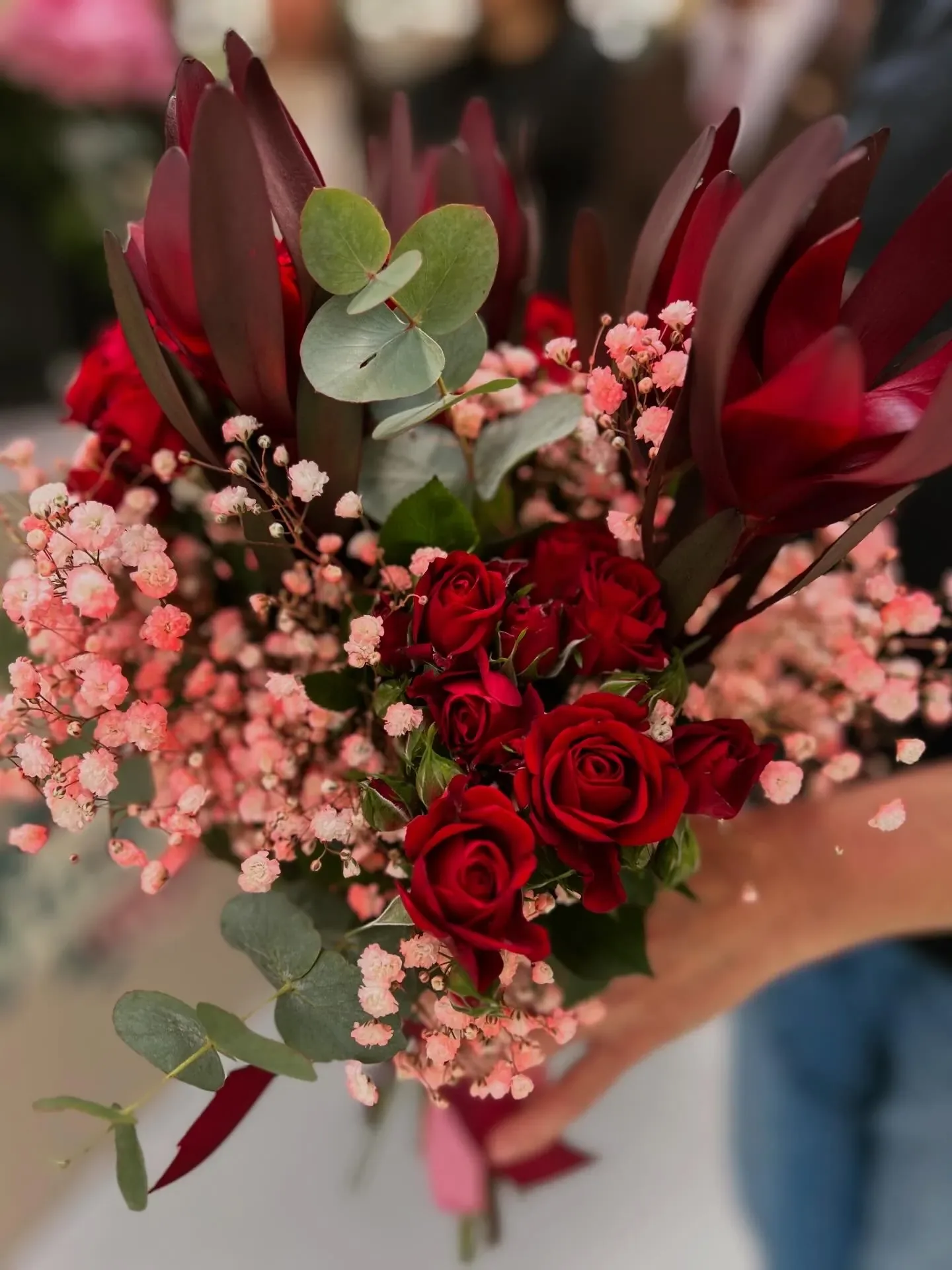 Mazzo di rose rosse con gypsophila rosa, eucalipto e foglie rosso scuro, tenuto in mano