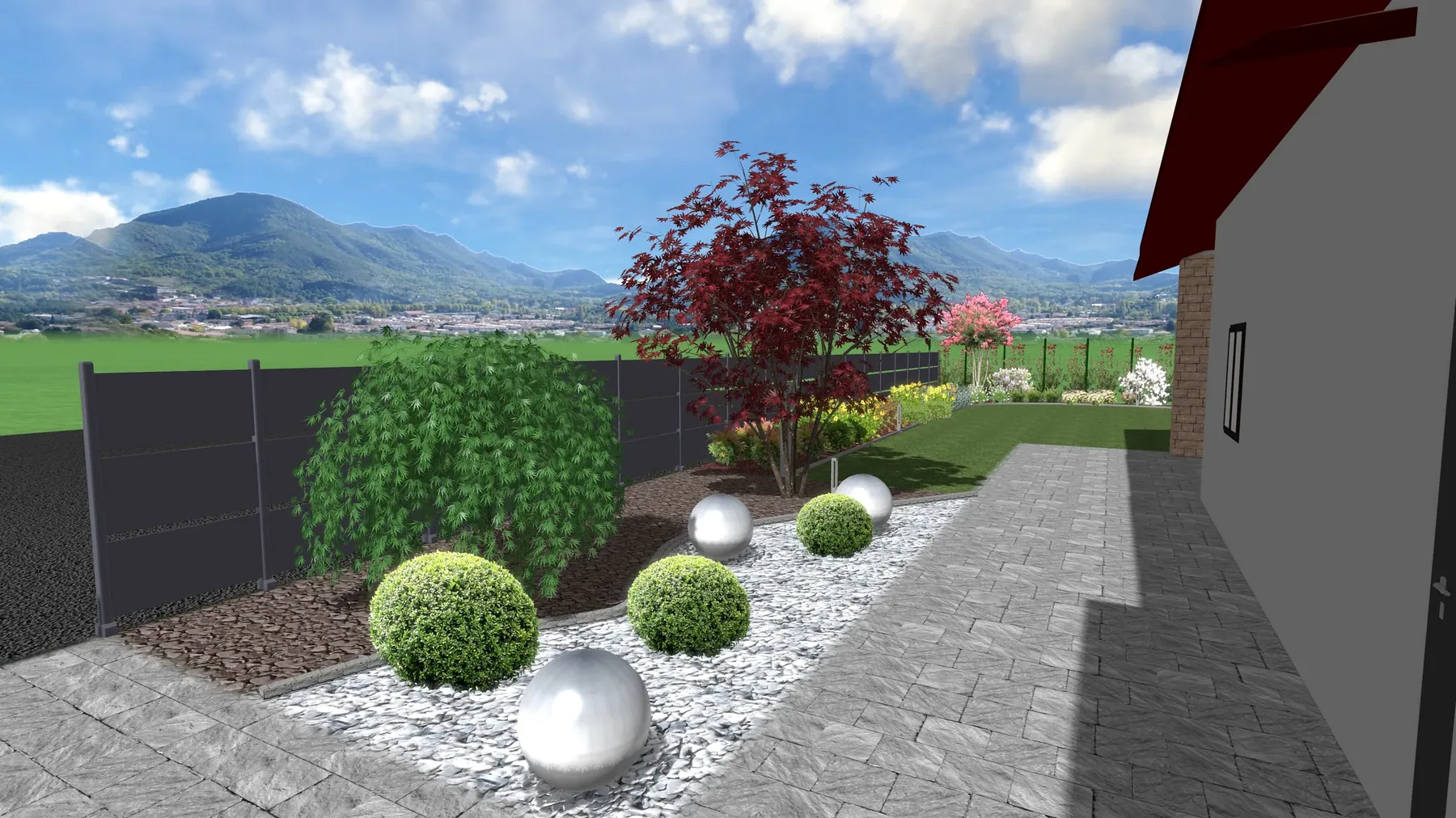 Vista 3D di progetto di un'aiuola di ghiaia bianca con sfere di bosso, sfere d'acciaio e un acero rosso lungo il muro di casa