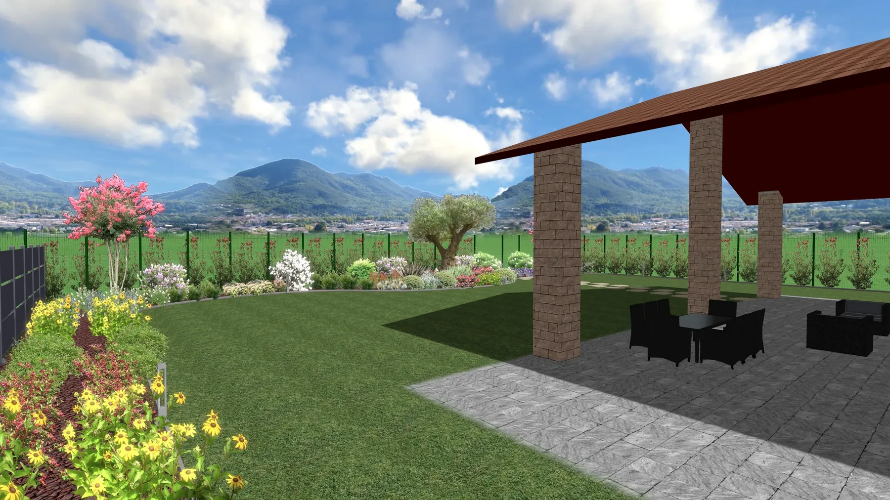 Vista 3D di progetto di un prato con aiuole fiorite e un porticato con salotto da esterno, con le montagne sullo sfondo