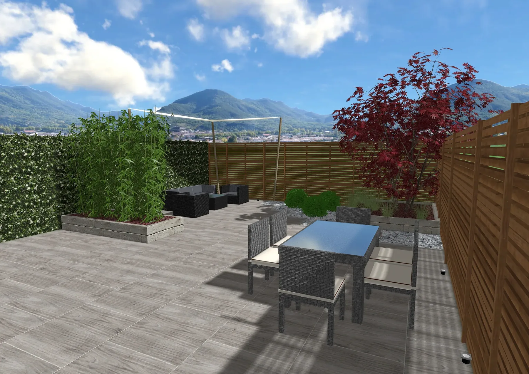 Vista 3D di progetto di un cortile pavimentato con tavolo, poltrone, bambù e un acero rosso contro una recinzione in legno
