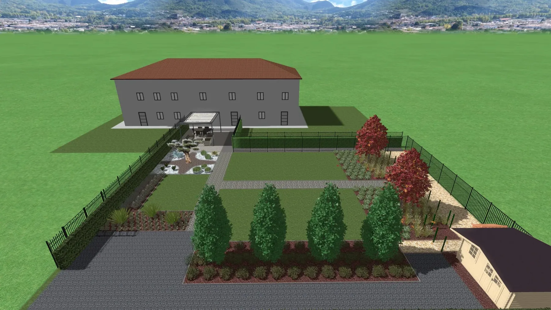 Vista 3D di progetto dall'alto: un edificio con il giardino davanti, prato, siepi, alberelli e vialetti