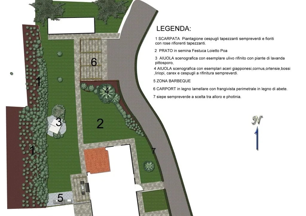 Planimetria di progetto di un giardino, con le zone numerate e la legenda