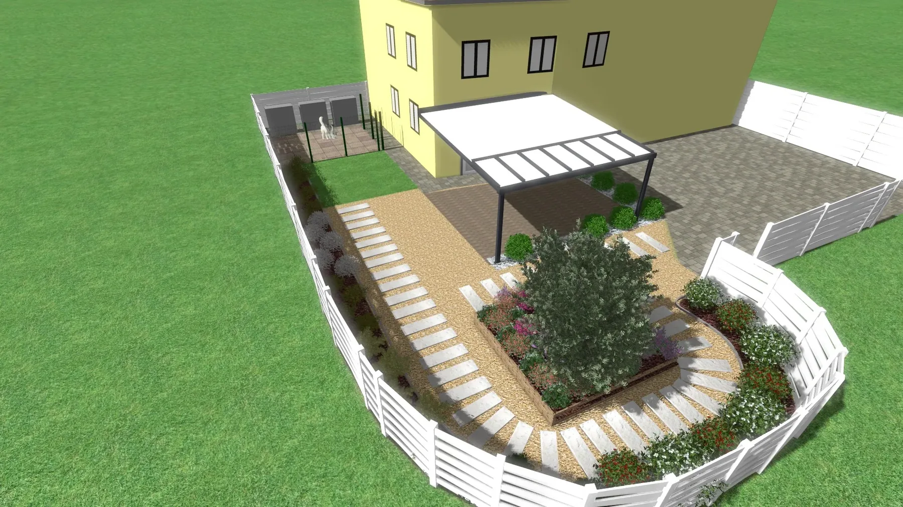 Vista 3D di progetto dall'alto di un giardino curvo con camminamenti in lastre, aiuole e una pergola bianca accanto alla casa