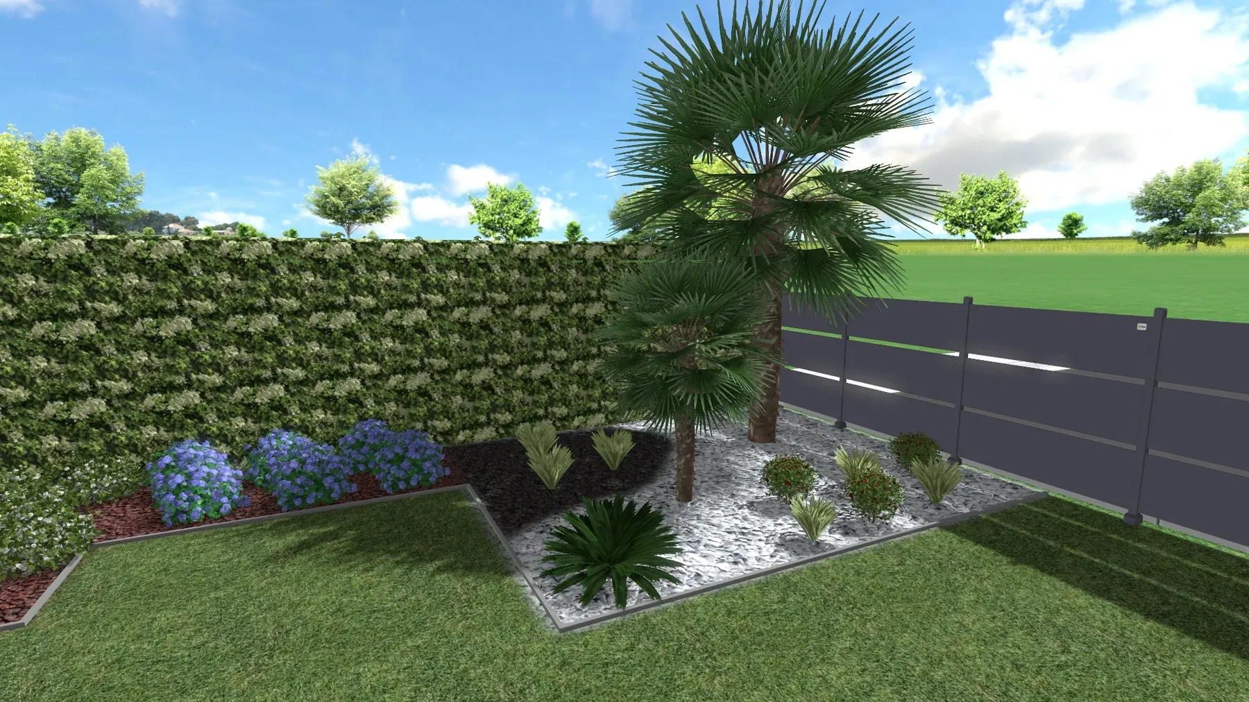 Vista 3D di progetto di un giardino stretto con una palma, ghiaia bianca, ortensie e una siepe lungo la recinzione