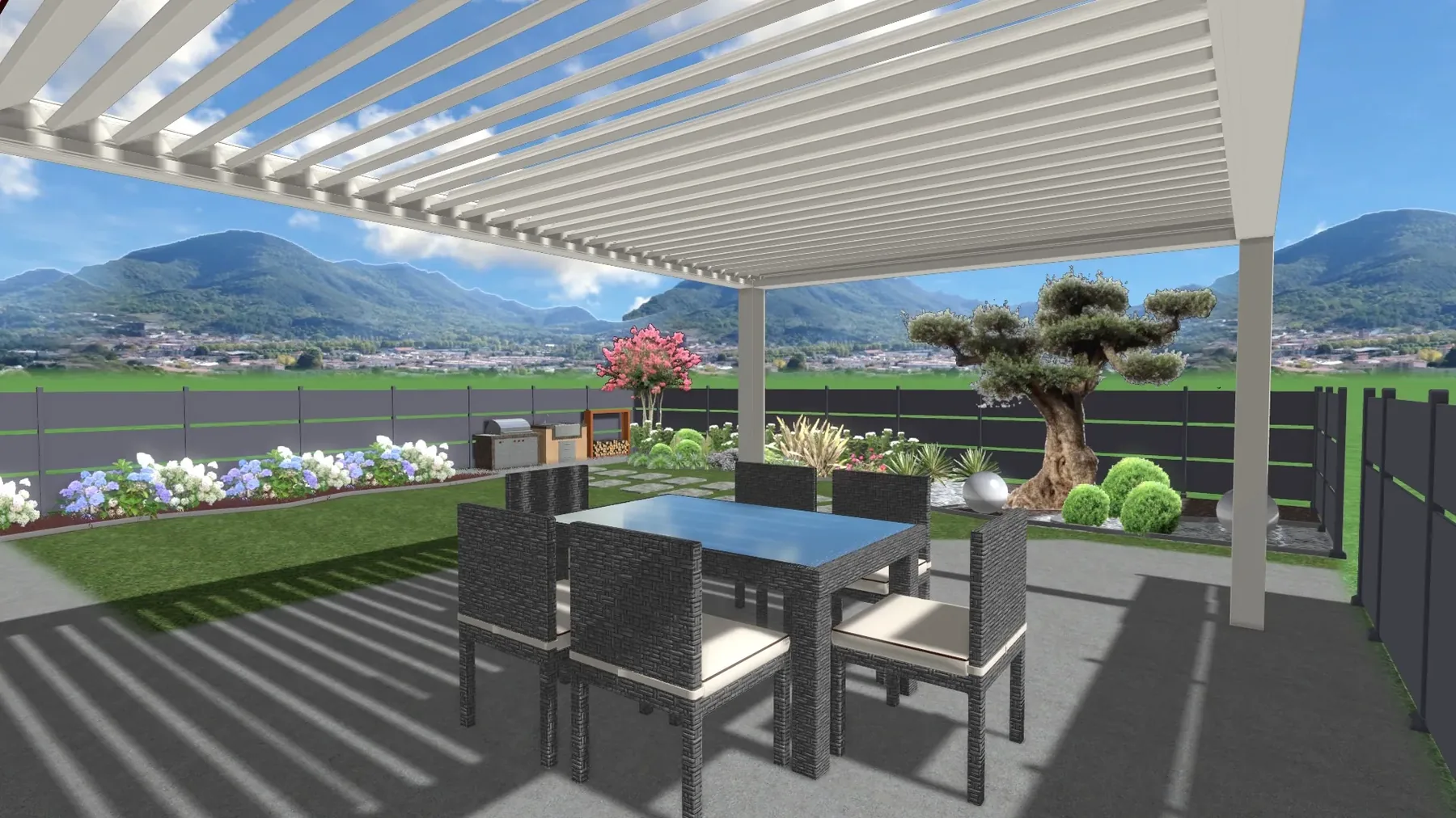 Vista 3D di progetto di una pergola bianca a lamelle sopra un tavolo, con un albero potato a nuvole e il prato