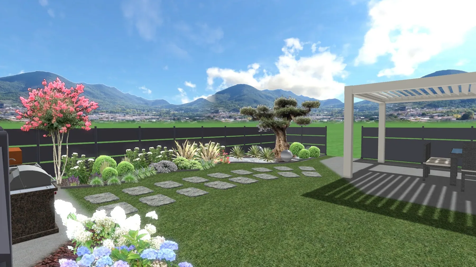 Vista 3D di progetto di un prato con passi in pietra, aiuole fiorite e una pergola sul fondo