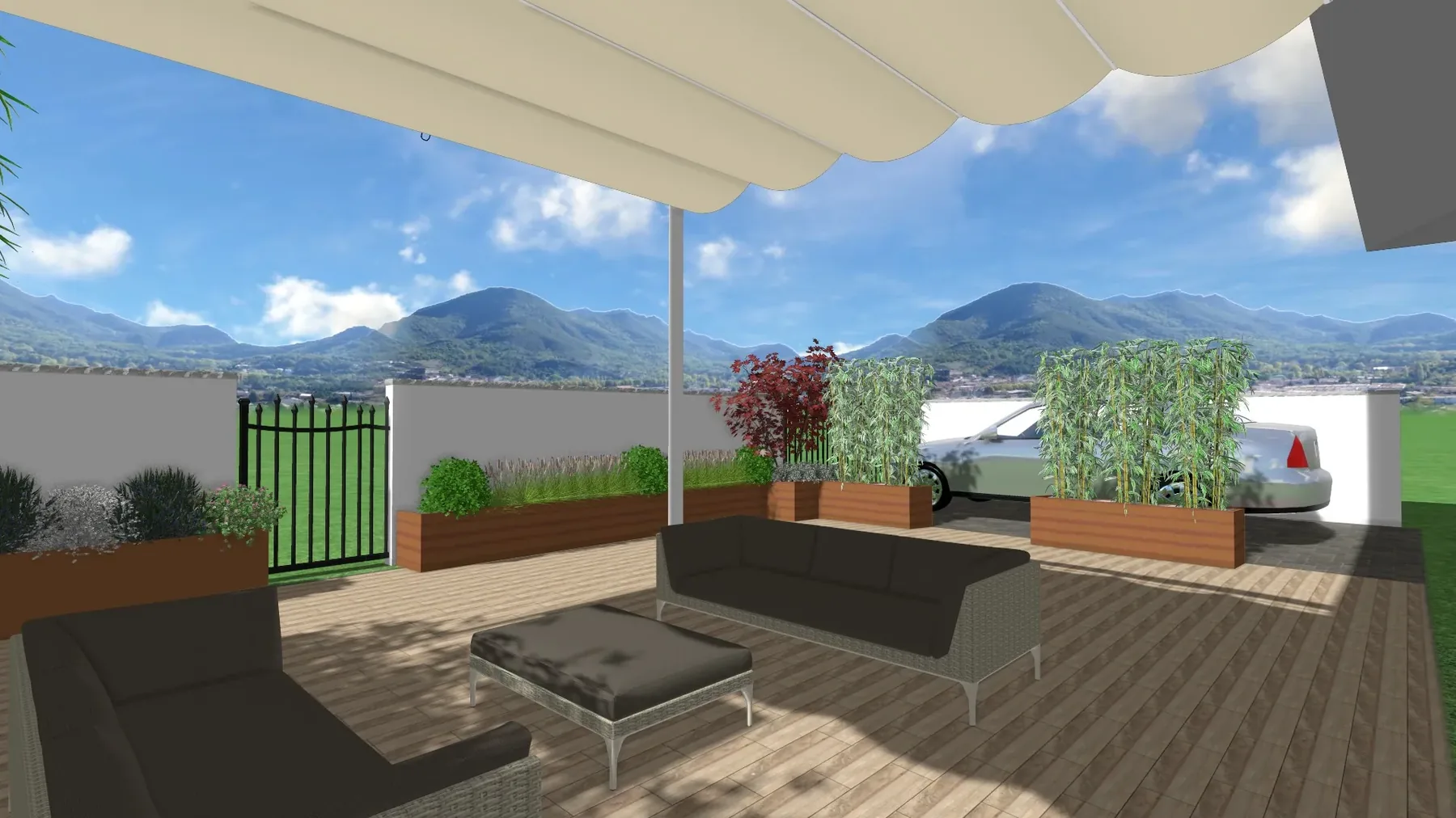 Vista 3D di progetto di un salotto da esterno sotto una tenda, su un pavimento in legno con fioriere