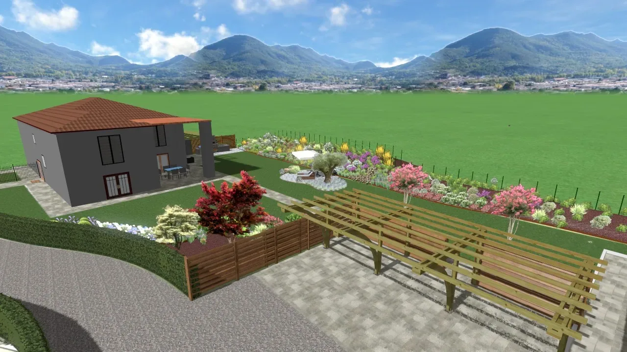 Vista 3D di progetto di una casa con il giardino, una pedana in legno e aiuole bordate