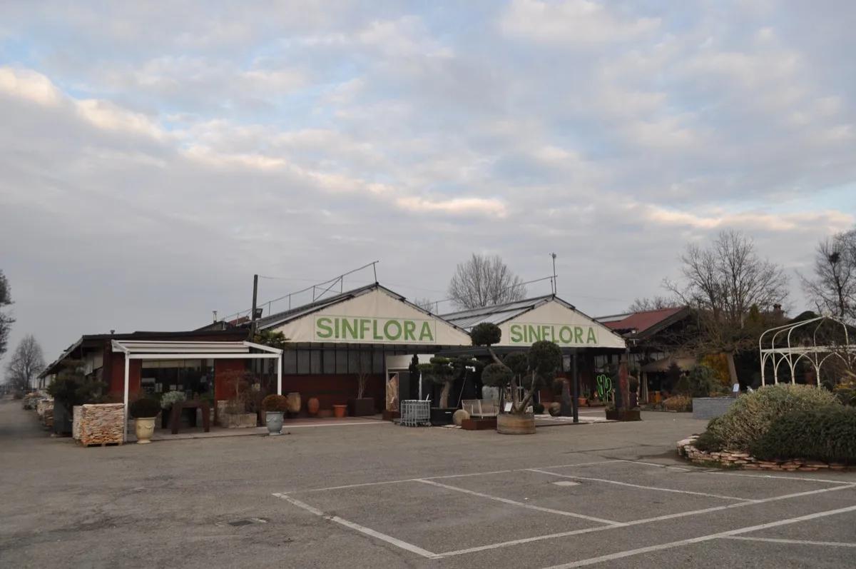 Il parcheggio asfaltato con gli stalli segnati davanti alle due tettoie con la scritta Sinflora