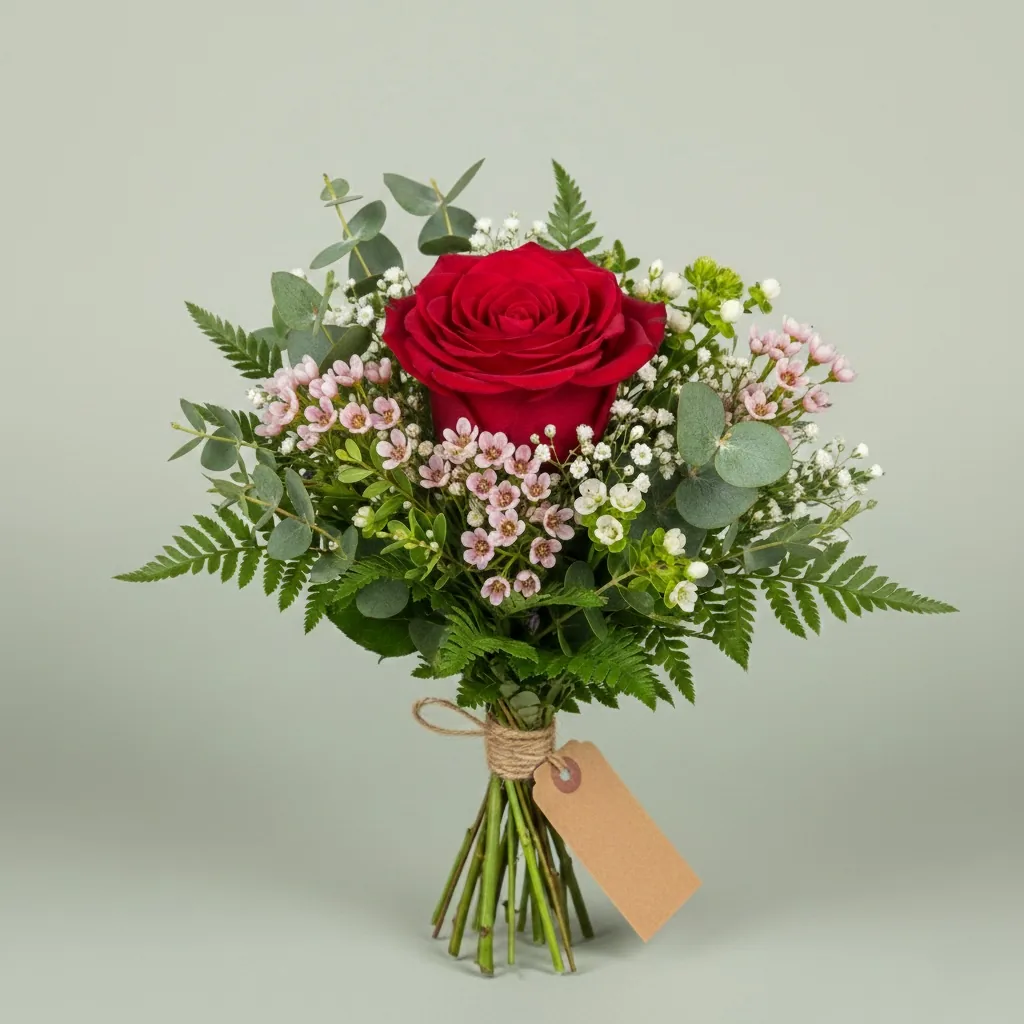 Mazzo con una rosa rossa, fiori di riempimento e verdi, incartato