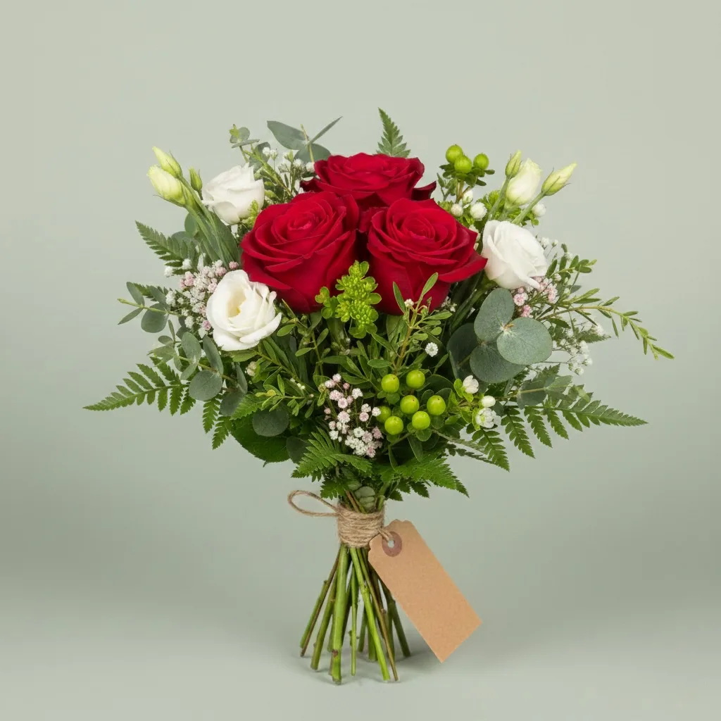 Mazzo con tre rose rosse, fiori chiari e verde ornamentale, incartato