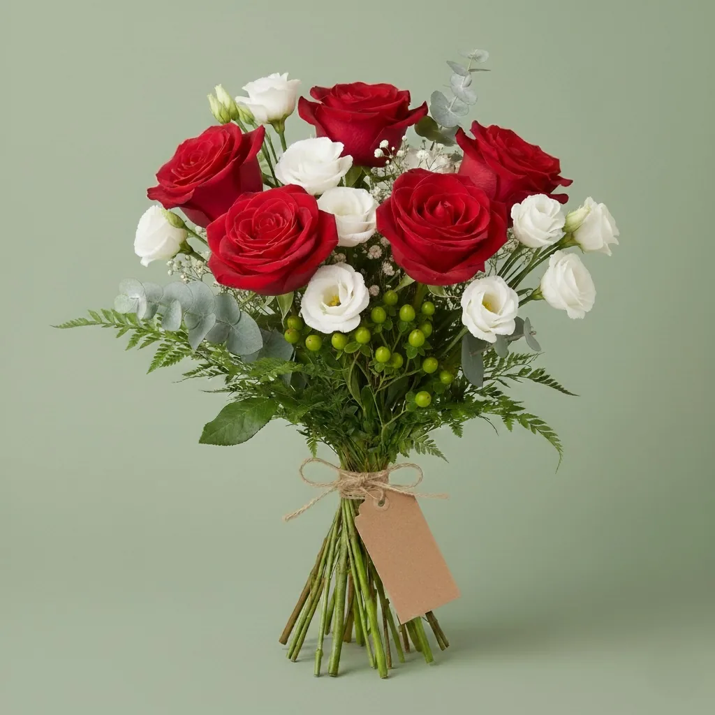 Mazzo con cinque rose rosse e fiori di contorno, incartato