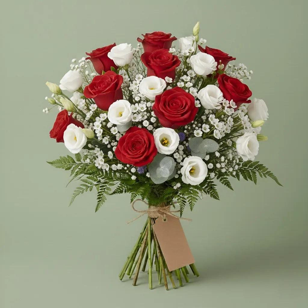 Mazzo con nove rose rosse, verdi e fiori complementari, incartato