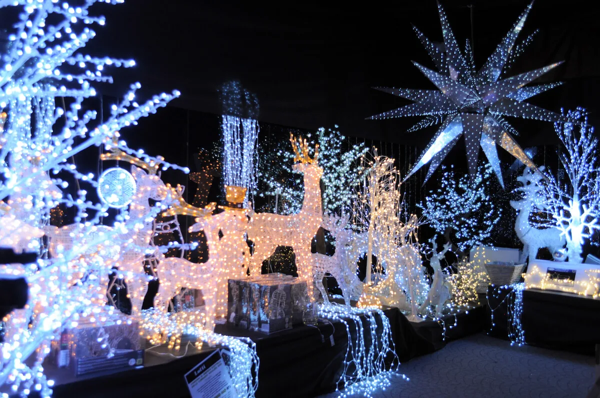 Renne e alberi di luci bianche davanti a una grande stella appesa, fra cascate luminose