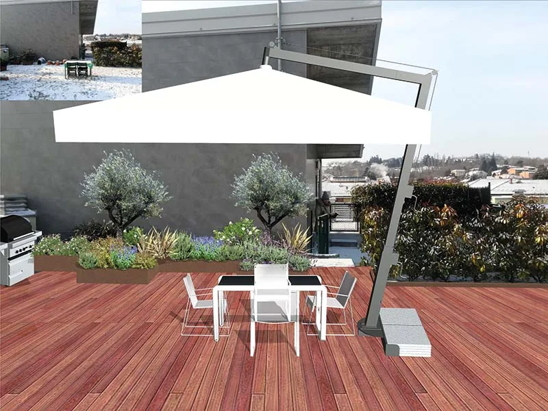 Vista 3D di progetto di una terrazza in legno con un tavolo bianco sotto l'ombrellone, olivi in vaso e fioriere lungo il bordo
