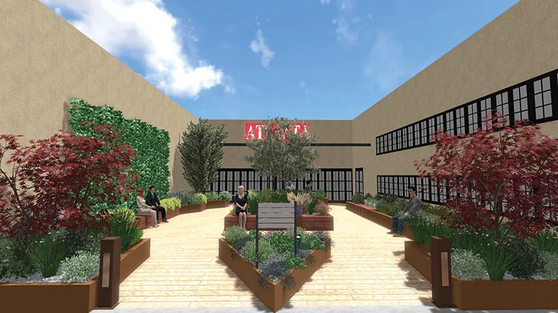 Vista 3D di progetto di un cortile fra due edifici, con un camminamento in legno chiaro, aiuole rialzate in corten e aceri rossi