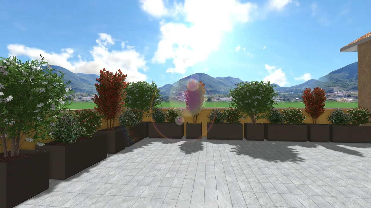 Vista 3D di progetto di una terrazza in lastre grigie, con fioriere scure di arbusti e alberelli lungo il parapetto e le montagne sullo sfondo
