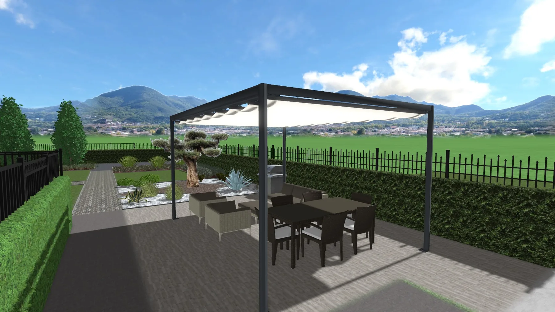 Vista 3D di progetto di un giardino con pergola scura, tavolo e sedie su pavimento grigio e una siepe lungo la recinzione