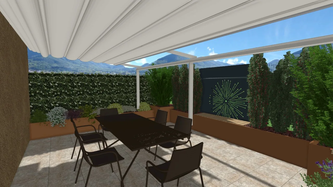 Vista 3D di progetto di un tavolo sotto una tenda da sole, con fioriere in corten, una fila di cipressi e un pannello decorativo sulla parete