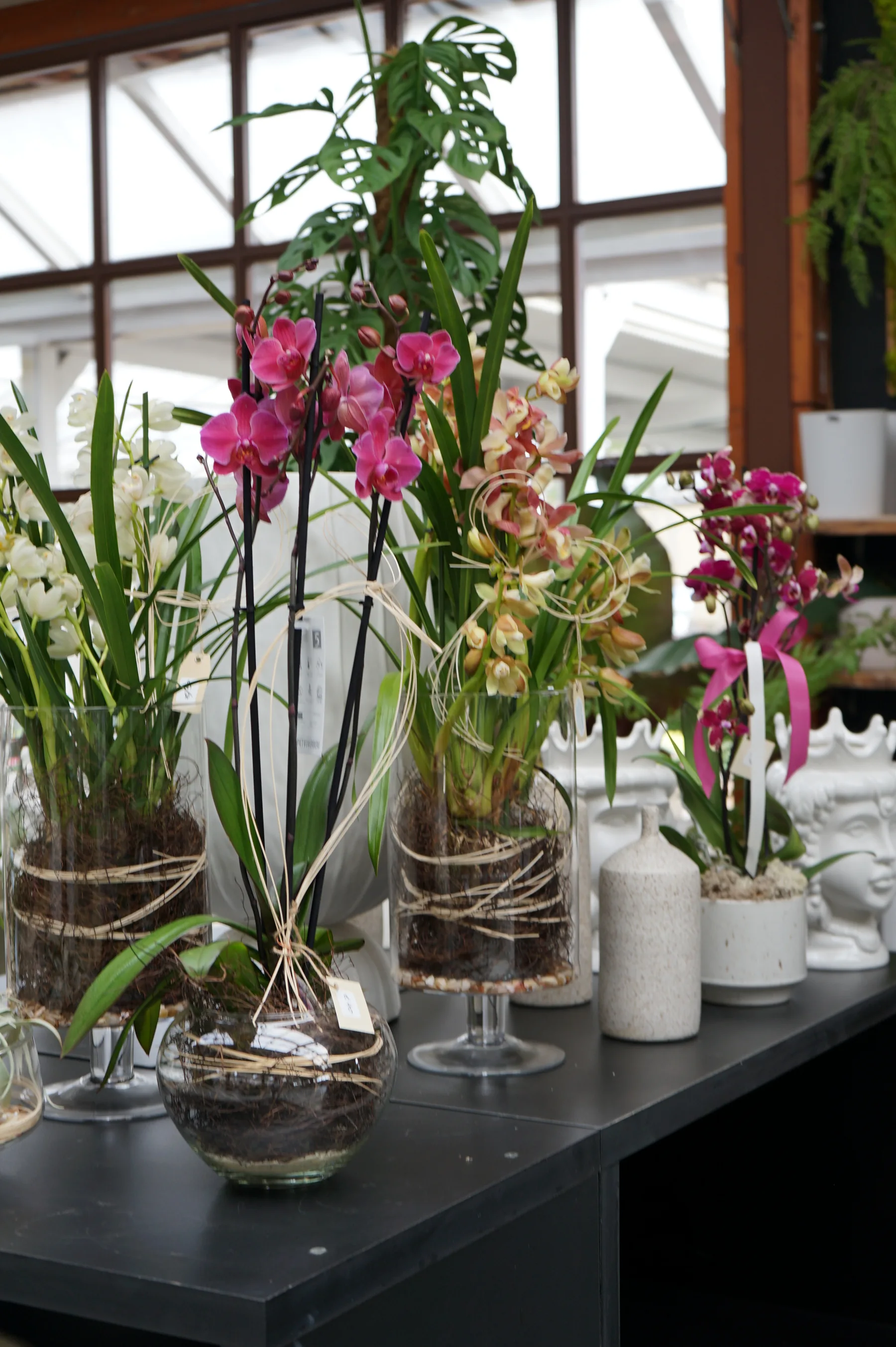 Orchidee fucsia e bianche in vasi di vetro legati con lo spago, su un tavolo nero