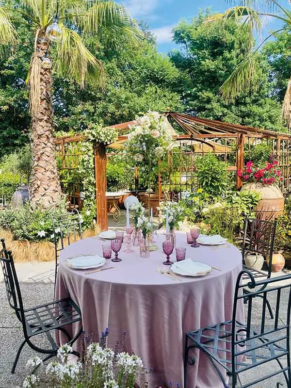 La tavola rosa in giardino sotto le palme, con le sedie in ferro battuto